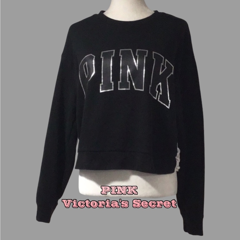 Victoria’s Secret PINK Pullover Cropped Black Sweatshirt, Laced Sides, Size M